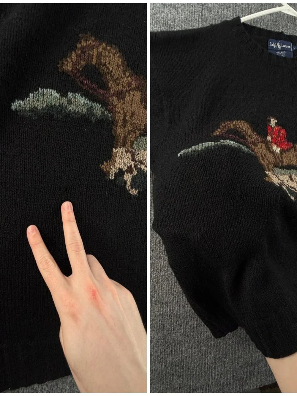 VTG Ralph Lauren Equestrian Fox Hunt Large Sweater Graphic Black Wool Hand Knit